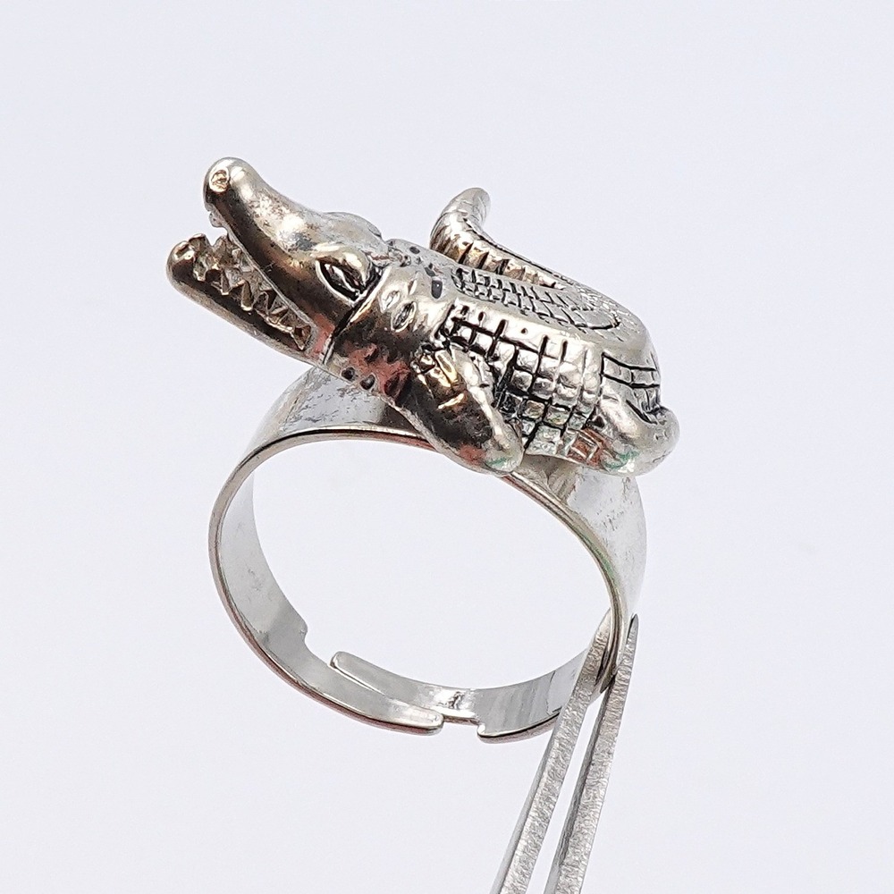 Retro Alligator Ring Adjustable Silver Tone Crocodile Wrap Novelty Size 8.5